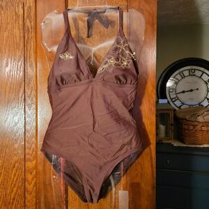 Ocean Dream Brown One Piece Swimsuit with gold embroidery Women's size 12
